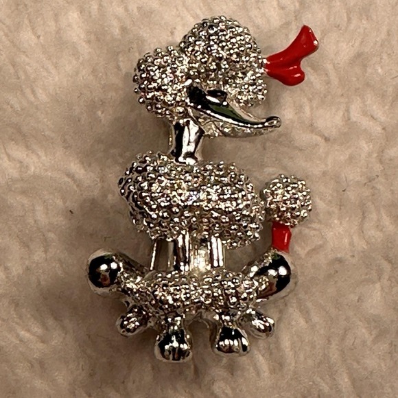 The Unbranded Brand Jewelry - French Poodle Dog Pin Brooch Silver-tone Red Bow Vintage